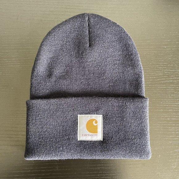 Carhartt Unisex One Size Navy Fold Over Knit Beanie Hat Cap Utility Logo Patch - Picture 14 of 14